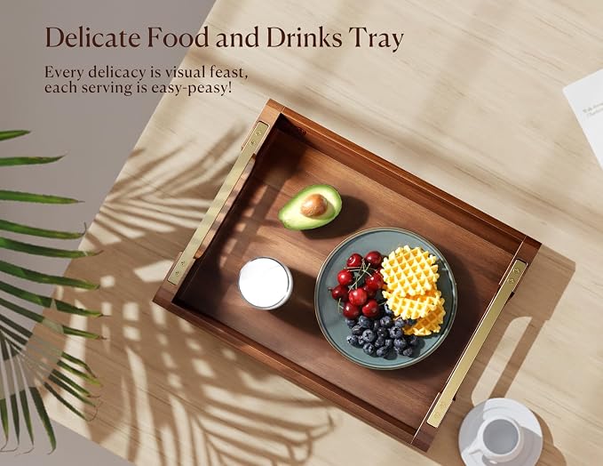 Acacia Wood Serving Tray with Metal Handles, 17x13in Large Ottoman Tray, Food Drinks Tray for Coffee Table, Breakfast, Dinner & Bar, Rustic Decorative Tray for Kitchen, Bedroom Gift Box | Perfect for Breakfast, Drinks, Decor, Appetizers and Snacks, Ide...