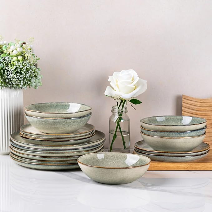 AmorArc Ceramic Dinnerware Sets for 4, 12Pcs Plates and Bowls Sets Dishes | Stoneware Handmade Reactive Glaze Dinner Set, Highly Scratch Resistant | Dishwasher & Microwave Safe Dishware
