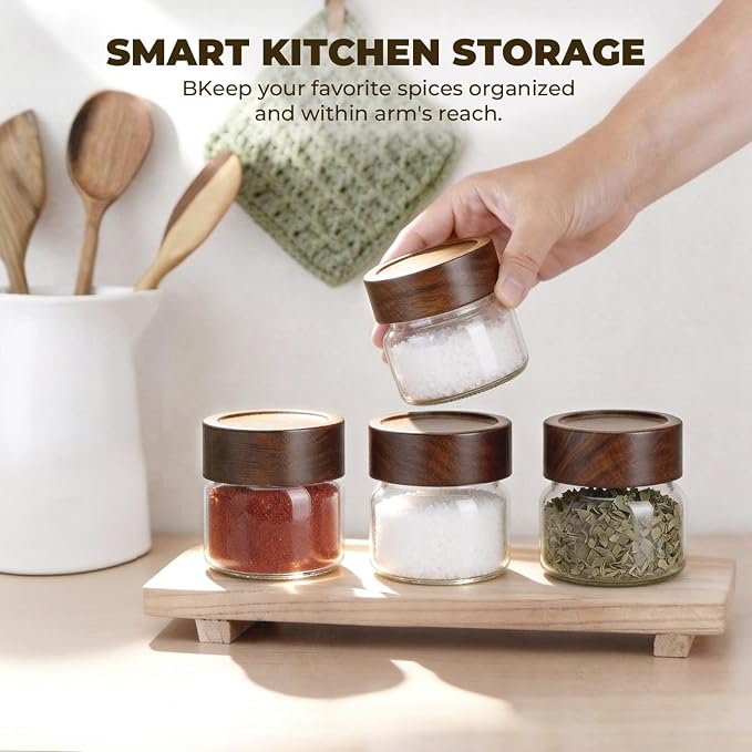 4 Pack 4 oz Glass Jars with Lids, Small Mason Jars with Airtight Acacia Wood Lid, Glass Spice Jars for Kitchen Pantry Organization, 4oz Small Jars for Spices, Nuts, Herbs & Seasoning