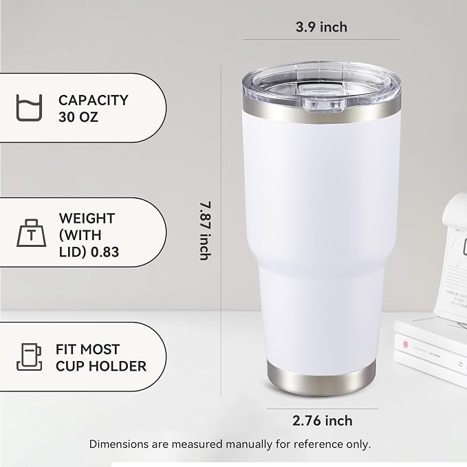 30 oz Tumbler with Lid Stainless Steel Tumblers Bulk, 12 Pack | Vacuum Insulated Cup, Leak Proof Lid, Powder Coated Travel Mug, Double Wall, Keep Cold Drinks for 12 Hours, White