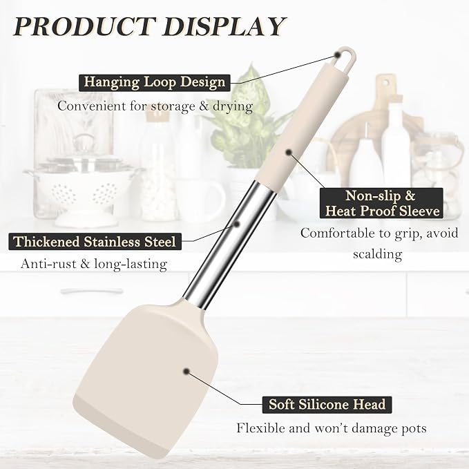 TeamFar Kitchen Utensils, 4 PCS Silicone Cooking Utensils Spatula Spoon Set | with Stainless Steel Handle, for Frying Mixing Draining Turning, Healthy & Heat-proof, Non-stick & Dishwasher Safe - Khaki