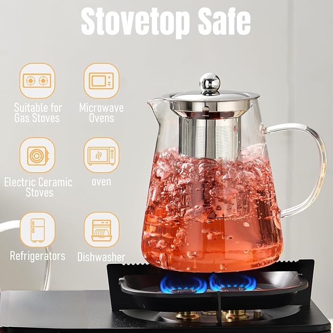 Baalaka Tea Infuser Pot, 32 oz Clear Borosilicate Glass Kettle, Stovetop | Removable 18/8 stainless steel strainer handles loose leaf, fruit or herbal blends; wide mouth and angled spout ease use