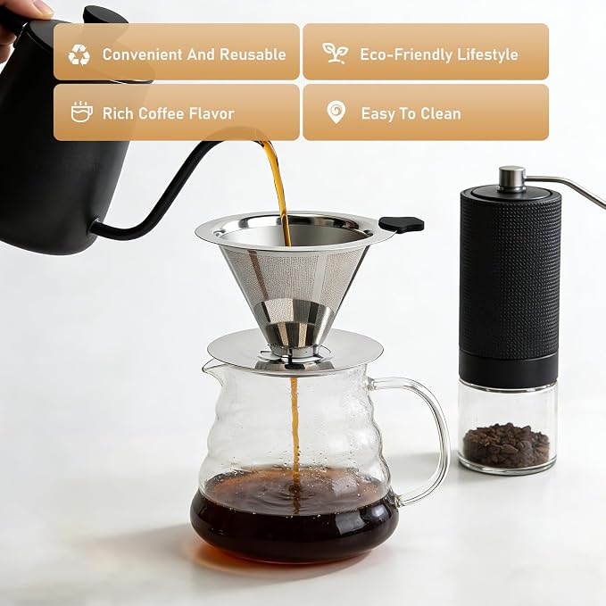 Pour Over Coffee Dripper, Reusable Cone Stainless Steel Coffee Filter, Double Layer Fine Mesh Paperless Coffee Maker with Coffee Spoon and Cleaning Brush for 2–3 Cups