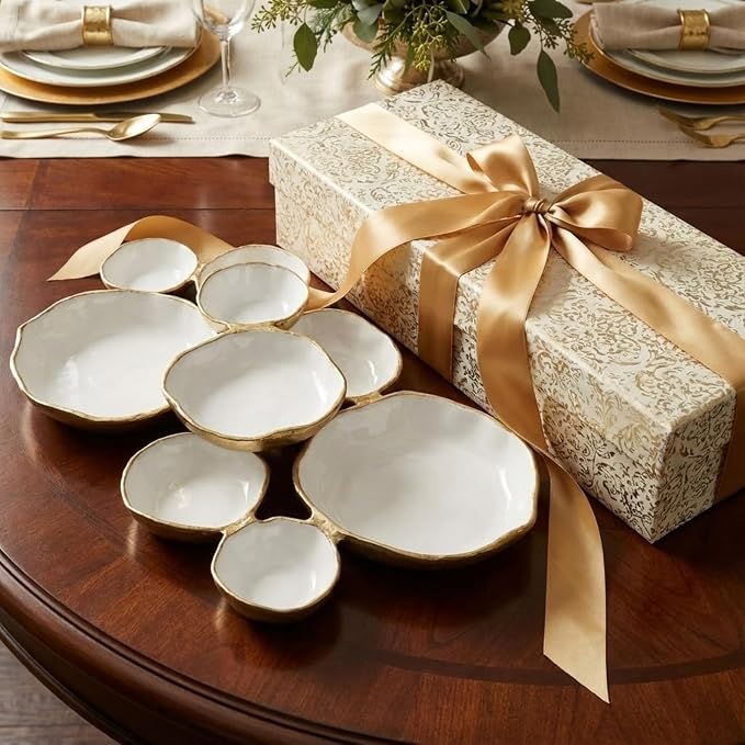 Cluster of 9 Round Serving Bowls Enamel Clusters Decorative Elegant Snack Tray for Olives, Chip & Dip, Nuts, Appetizers & Entertaining Strong Brass & Enamel Home Decor Gifts, Parties & Weddings 22"