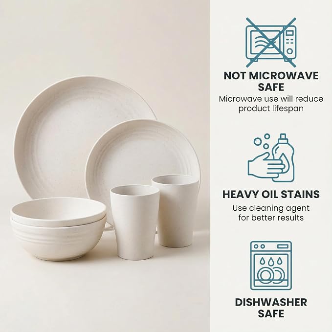 32Pcs Beige Wheat Straw Dinnerware Set Service For 8 Shatterproof | Elegant Cream Wheat Straw Plastic Dinnerware Set Includes Shatterproof Plates And Bowls For Rv Camping And College Dorm Use