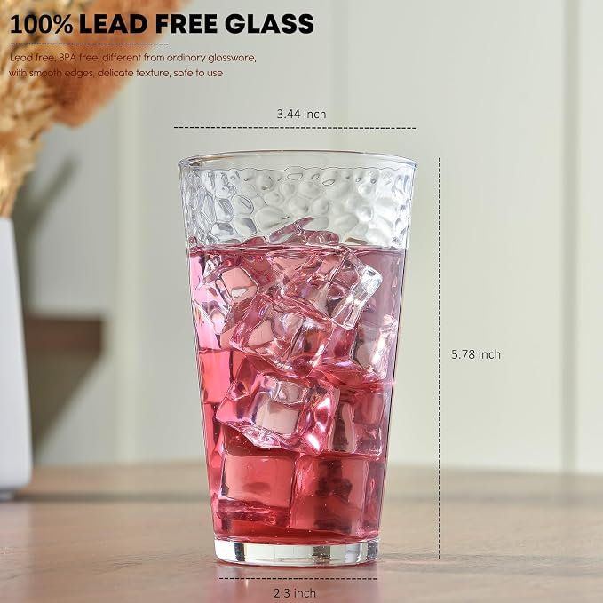 ALINK 16 oz Drinking Glasses, Set of 6 Hammered Glass Cups, Clear Heavy Base Stemmed Highball Water Glasses for Beer, Iced Coffee Cups, Cocktail Glasses, Wine, Iced Tea, Dishwasher Safe
