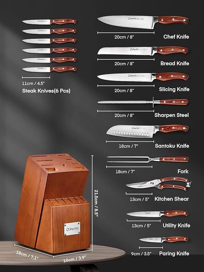 Kitchen Knife Set, 16 Pcs Stainless Steel Knife Block Set with Wood Handle | Kitchen Knife Set with Sharpener, Professional Poultry Shears, Razor Sharp, Rust Resistant, Elegant Gift for Home Chefs