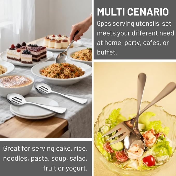 VIVANI 6-Piece Serving Spoons and Forks Set, 8.6 Inch Serving Utensils Set | 18/0 stainless steel, solid construction with weighted balanced handle, dishwasher safe for parties, buffet and catering
