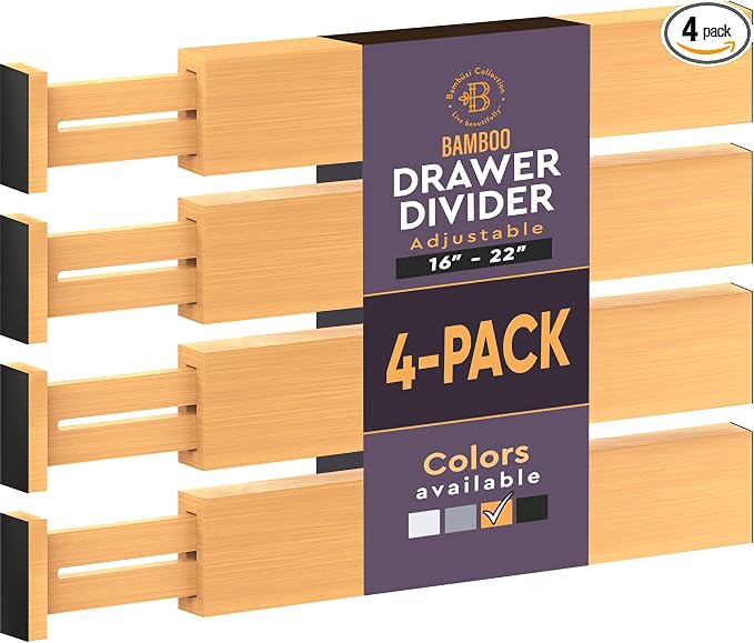 4-Pack Drawer Dividers 2.6-Inch High Dresser Drawer Organizer 16 to 22 Inch | Bamboo, Spring Loaded, No Tools Needed, Fits Wide Drawers for Socks, Clothes, Utensils, Bedroom, Bathroom, Kitchen, Office