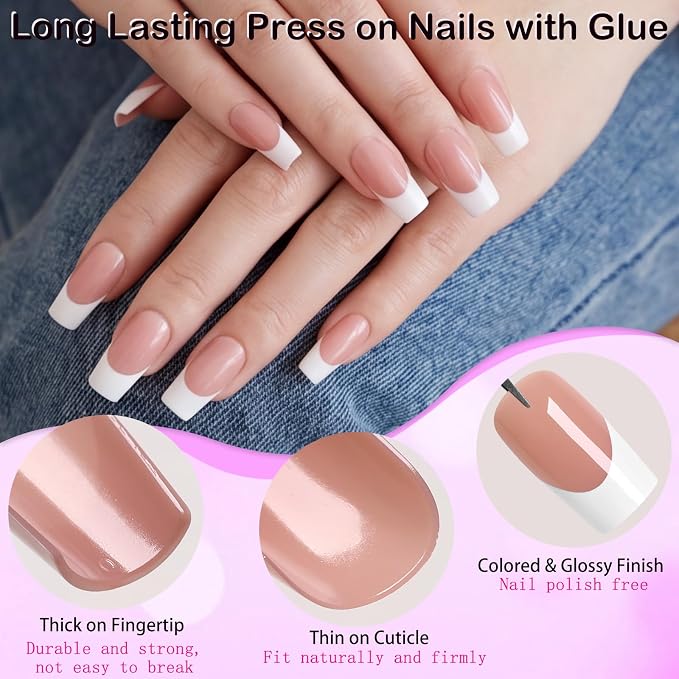 240pc White French Tip Press on Nails Medium Square Acrylic Nail, Coffee Press ons Fake Nails with Glue & Tabs, 12 Sizes Glue on Nails Medium Press-on Nail Square Stick on Nail for Women Girls