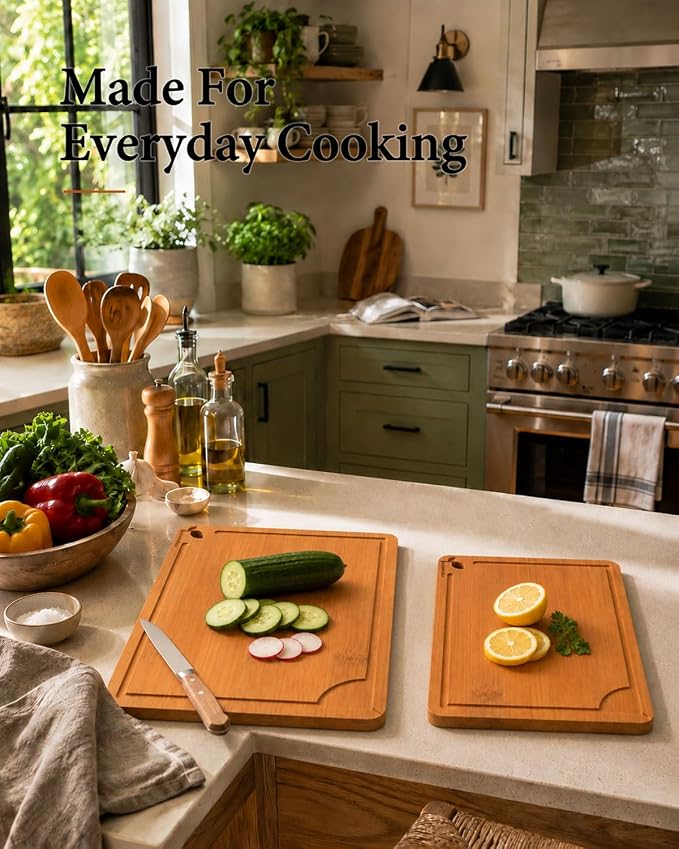 Cutting Board Set of 2,Chopping Boards for Kitchen Meal Prep,Large and X-Large Wood Cutting Boards for Meat, Vegetables and Fruit, Deep Carbonized Bamboo Boards for Daily Cooking and Small Kitchen