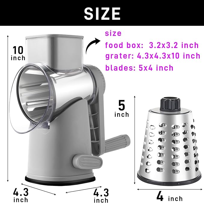 Weltonhm 4 in 1 Large Rotary Cheese Grater Hand Crank (Grey, 4 Graters) | Cheese Shredder Rotary and Slicer with 4 Stainless Steel Blades for Vegetables, Veggie and Cheese, Stronger Suction Base