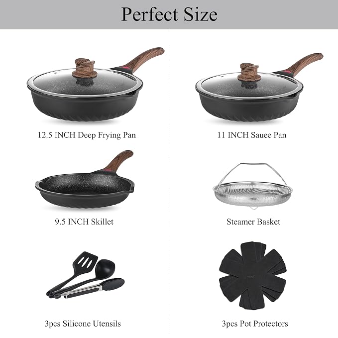 Vinchef 12PCS Nonstick Deep Frying Pan with Lid Cookware Set | VINCHEF 12-piece nonstick cookware set utensils & pot protectors. Stay-cool handles, PFAS & PFOA-free.