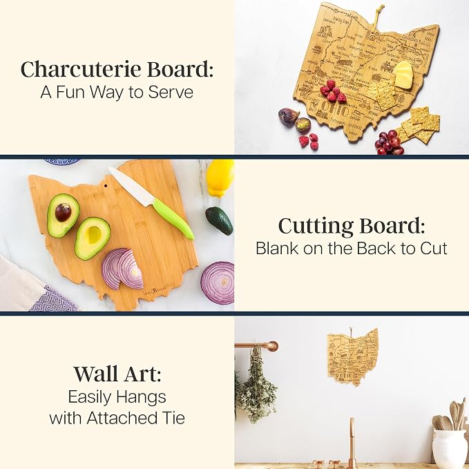 Totally Bamboo Destination Ohio State Shaped Cutting Board | State charcuterie serving board with engraved map artwork. Smooth reverse side for food prep. Hang tie for wall display.