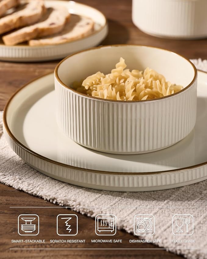 Famiware Star Stoneware Dinnerware Sets with Pasta Bowls, 16pc Dishes for 4 | Ceramic Plates and Double Bowls with Rim. Chip & Scratch Resistant. Microwave & Dishwasher Safe, Everyday & Formal Use, Cream