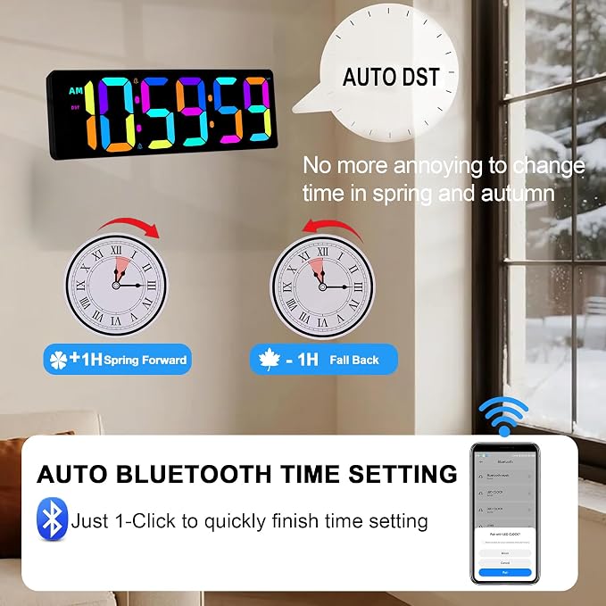 17.2" Bluetooth Digital Wall Clock with Seconds, Large Countdown Timer for Classroom Home Gym Kitchen Office, Alarm Clock with Remote Control, 4 Dimmable Brightness, Auto DST (RGB)