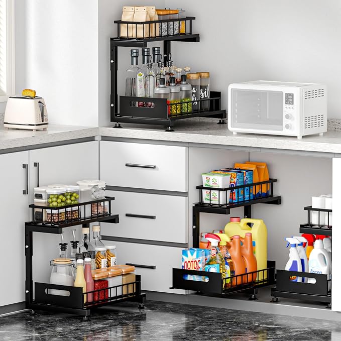 2-Pack L-Shaped Under Sink Organizer, 2-Tier Pull-out Cabinet Rack | Black Height-Adjustable Metal Rack, Sliding Grid Drawers with Safety Stopper, Holds 100 Lbs, Ideal Kitchen Cabinet Storage