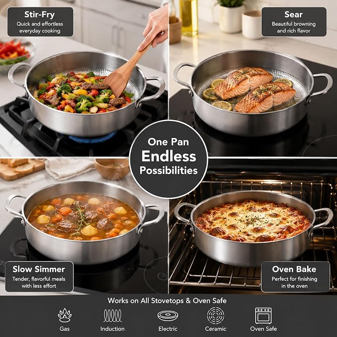 Titanium Hammered Pro Pan, 5QT Saute Pan with Lid, 12 Inch Deep Frying Pan for Cooking, Non-Toxic Skillet, Dishwasher&Oven Safe, Works on All Stoves,5QT