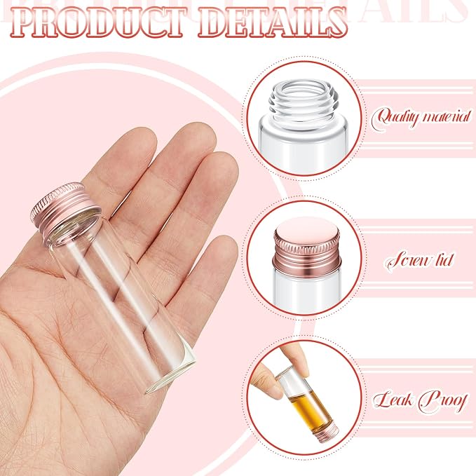 Didaey 100 Pcs Small Clear Vials Spice Mini Jars with Lids Mini Glass Bottles with Screw Aluminum Metal Caps Tiny Jars Sample Containers for Powder Cream Cosmetic Jewelry Wedding (15 ml,Rose Gold)