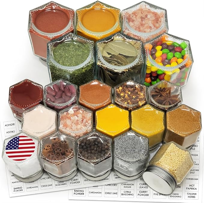Magnetic Spice Jars Combo Pack 21 Set (6 Large 4 oz + 15 Small 2 oz) Refrigerator Hexagon Glass Spice Jar Magnetic Lid Shaker Spice Labels Magnetic Glass Spice Containers for RV Kitchen Fridge Cabinet