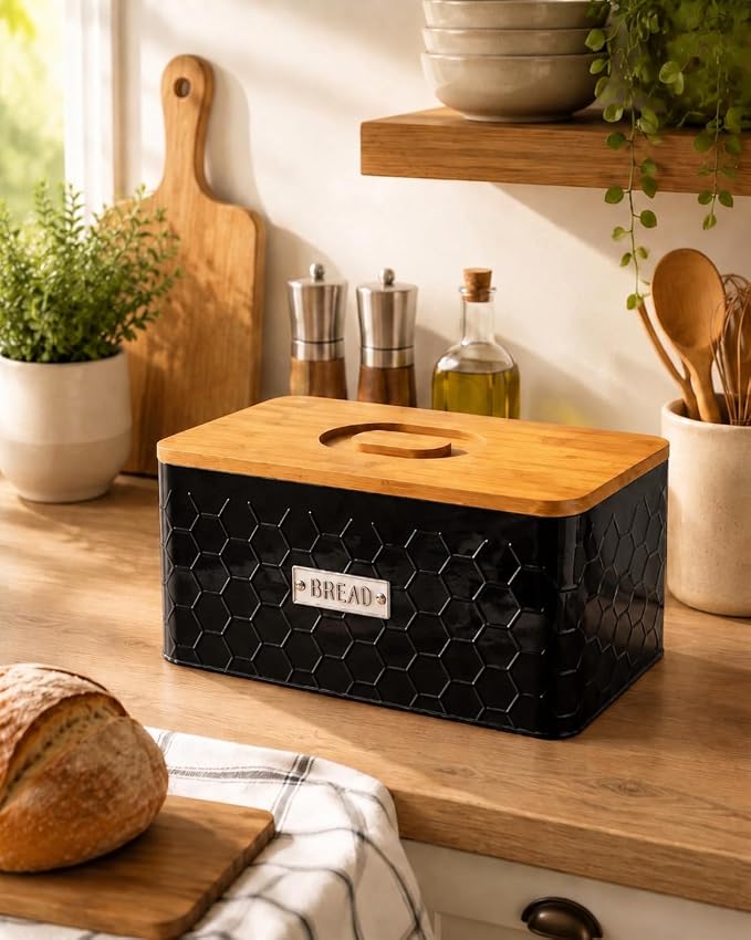 Bread Box for Countertop, Small Black Metal Bin with Bamboo Lid | Small farmhouse bread storage container and bread bin with cutting board lid for homemade bread and baked goods organization.