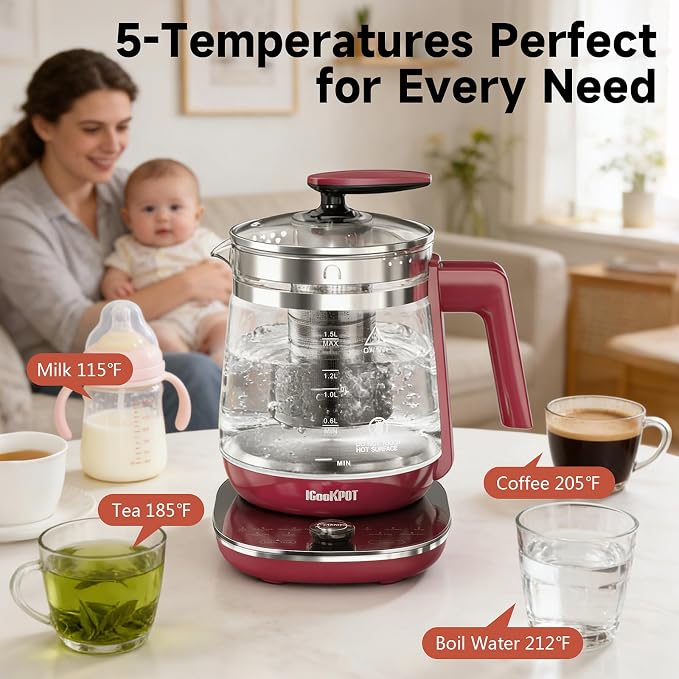 1200w Electric Kettle, 1.5L Borosilicate Glass tea kettle, Hot water kettle electric for Coffee or Tea, BPA Free, Auto Shut-Off, Stainless Steel, Fast Boil, Red