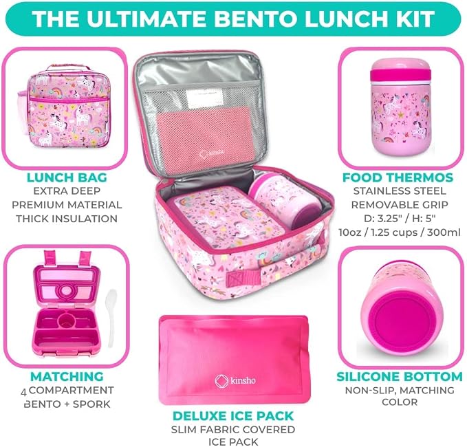 kinsho kids Bento Lunch Box Set with Thermo, Bag & Ice Pack, Pink Unicorn | 4 Compartments, Removable Tray, Small Meal or Snack Container for Girls Toddlers, Daycare & Pre-School, Steel Hot Food Jar