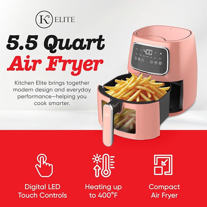 Kitchen Elite Countertop Digital Air Fryer with LED Screen, Peach, 5.5 Qt