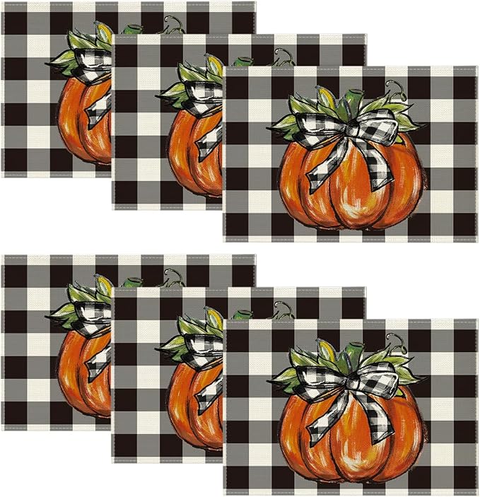 Artoid Mode Buffalo Plaid Pumpkin Fall Placemats Set of 6-12 x 18 Inch | Heat-Resistant Table Mats, Washable Seasonal Autumn Bowknot Kitchen Dining Decor