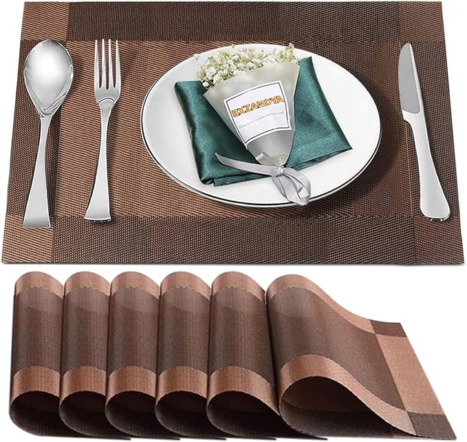 Brown Vinyl Placemats Set of 6,Washable Dining PVC Table Mats | Heat resistant, stain resistant non slip vinyl place mats, washable brown table placemats for dining table