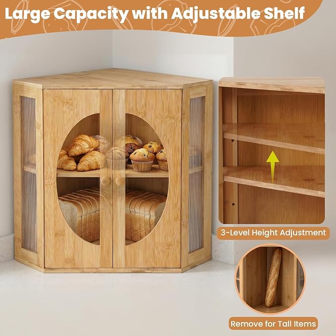 Corner Bread Box for Kitchen Countertop: Bamboo Storage Container for Homemade Bread, Two Layer Breadbox under Cabinet Mount, Large Bread Holder for Kitchen Counter, Pantry Shelf
