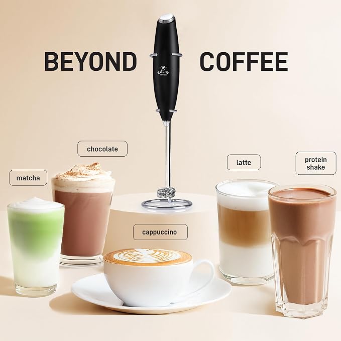 Zulay Kitchen Powerful Milk Frother Wand With Duracell Batteries - Ultra Fast Handheld Drink Mixer - Electric Whisk Foam Maker for Coffee, Lattes, Cappuccino & Matcha - Double Whisk - Royal Black
