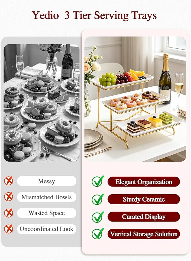 3 Tier Serving Tray Set Porcelain Tiered Serving Platters, Collapsible Sturdier Stand with Stable Cross Bars, 12 Inch Three Layer Serving for Party Entertaining Food Display Fruit Dessert