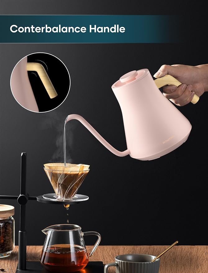 INTASTING Electric Kettles, Gooseneck Electric Kettle, ±1℉ Temperature Control, Stainless Steel Inner, Quick Heating, for Pour Over Coffee, Brew Tea, Boil Hot Water, 0.9L Pink