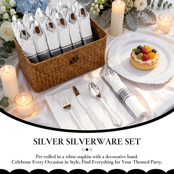 400PCS Pre Rolled Silver Plastic Silverware Sets Fancy for Wedding | Individually Wrapped Utensils, 100 Guests, Durable and Sturdy, BPA free, Includes Matching Napkins, for Formal Party Dinners