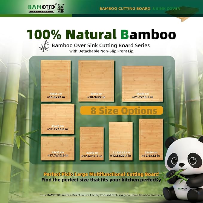 BAMOTTO CRAFTBAMBOO Bamboo Cutting Board 17.7"x15.8" for Kitchen | Detachable Front Lip for Counter Stability | Reversible Dual-Sided Juice Grooves | Sink & Stovetop Cover