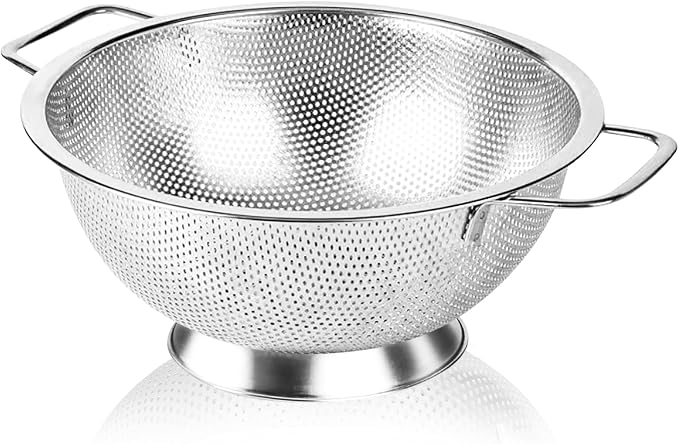 304 Stainless Steel Colander, Micro-Perforated 5-Quart Strainer with Base, Dishwasher Safe. Great for Pasta, Noodles, Vegetables & Fruits
