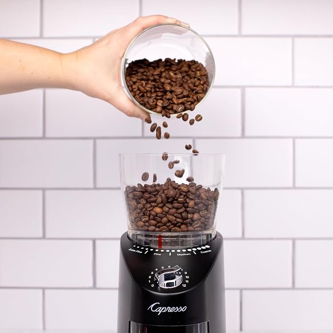 Capresso Infinity Plus Conical Burr Grinder, Black | Commercial-grade steel burrs, 16 settings, low-speed gear motor
