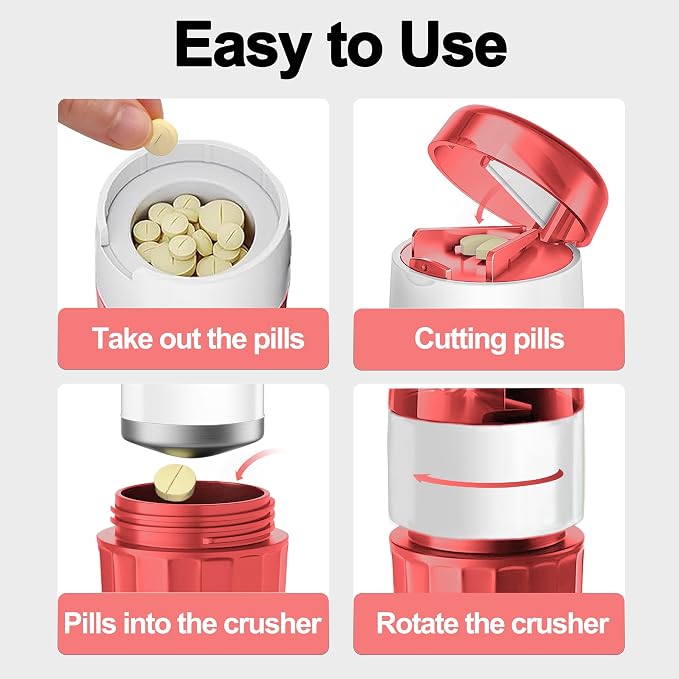 DUBSTAR 3-in-1 Pill Crusher Fine Powder Pill Grinder Pill Cutter Red | Pill Crushers for Elderly and Pet with Pill Storage and Brush, Pill Splitter for Small or Large Pills