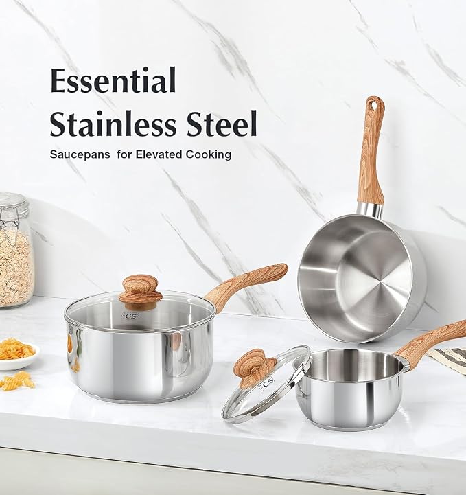 KOCH SYSTEME CS Stainless Steel Saucepan, 1 Quart Saucepan with Lid & Heat-resistant Bakelite Handle, Tri-ply Bottom Steel Sauce Pan with Lid, Induction Ready, Stainless Steel Pot 1QT
