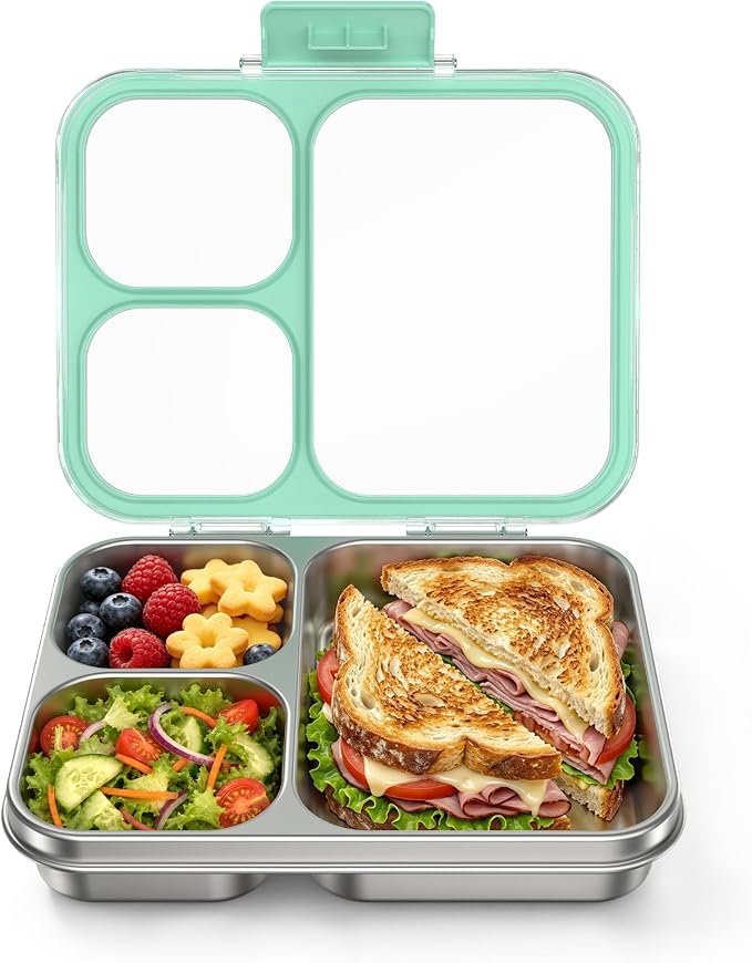 HOMEKOL Stainless Steel Bento Lunch Box 3-Compartment, 4.2Cups, Green | Leak-Proof Metal Lunch Container for Kids & Adults, BPA-Free, Dishwasher Safe, Clear Tritan Lid, 1000ml (Not Insulated)