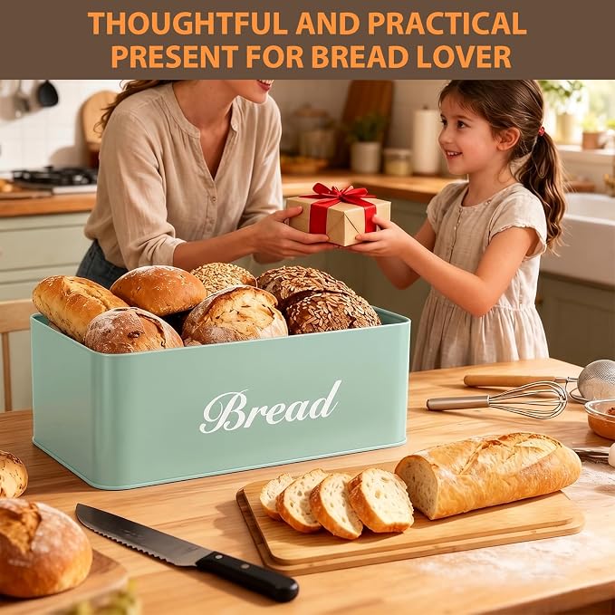 RYTOXILO Green Bread Box for Kitchen Countertop, Metal Breadbox with One-Way Degassing Valve Bamboo Lid, Bread Storage Boxes Container for Homemade Bread, Sourdough Food Cutting Board for Counter