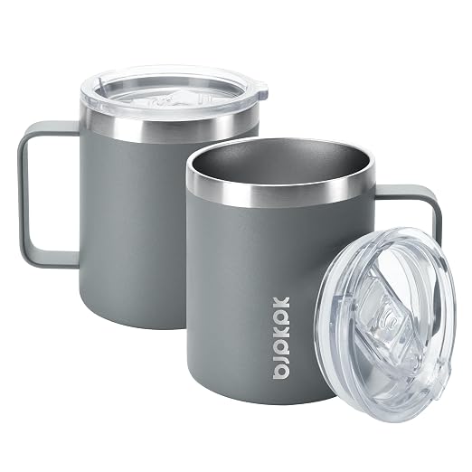 BJPKPK 2PCS Insulated Coffee Mug with Lid, 14oz Stainless Steel Tumbler | Travel Coffee Mug with Handle, Vacuum Insulated Tumbler Cup for Camping, Office, Home, BPA Free Lid, Hot & Cold