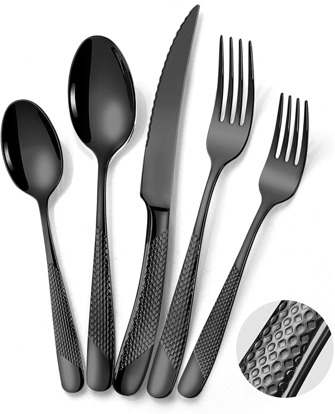 Hammered 30-Pieces Set Black Silverware Set for 6 with Serrated Forging Knives,18/10 Stainless Steel Modern Flatware Set,Unique Cutlery Set,Mirror Polished,Dishwasher Safe