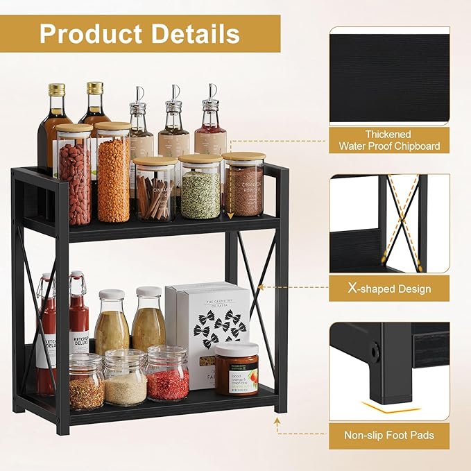 Giikin Kitchen Countertop Organizer, 2 Tier Coffee Bar Organizer, Black Spice Rack for Counter, Kitchen Counter Shelves, Particleboard,15.8" L x 7.9" W x 15.8" H (Black, L)