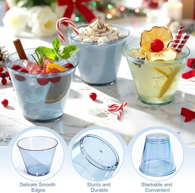 Glowserve 9 OZ Blue Disposable Plastic Cups Cocktail Cup 150 Pack | Fancy Cocktail Cup,Stemless Wine Glass,Wedding Wine Glasses,Graduation Birthday,World Cup,Party Essentials