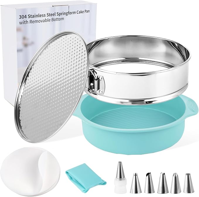 9 Inch Cheesecake Pan, Leakproof 304 Stainless Steel Springform Pan with Silicone Protector for Water Bath Baking, Removable Bottom, 50 Pcs Parchment Paper, Dishwasher Safe