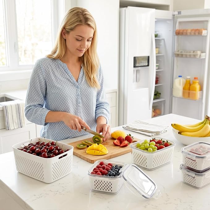 Runhike Strawberry Container Fruit Storage Containers for Fridge 3 PCS | Strawberry Basket Produce Storage Containers for Fridge, Fridge Organizers to Keep Blueberry Grape and Fruit Fresh Longer