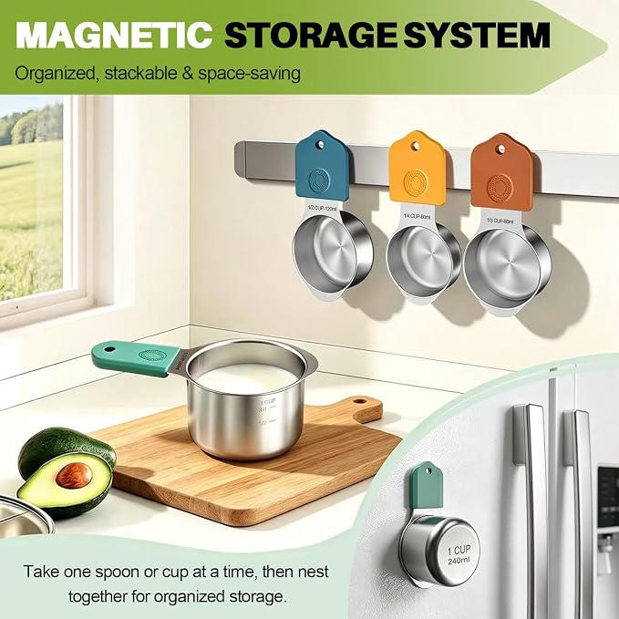 Magnetic Measuring Cups and Spoons Set, 16-Piece Set with Leveler | Strong N52 Magnets, Heavy Duty 304 Stainless Steel, Dual-Sided Design Fits Spice Jars, Easy-to-Read Markings for Cooking