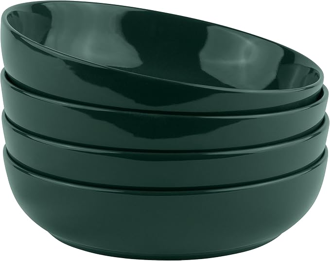 KooK Pasta Bowl, Salad Bowls, Soup, Serving Bowls, Ceramic, Large Capacity, Microwave & Dishwasher Safe, Set of 4, 40 Oz,(Hunter Green)